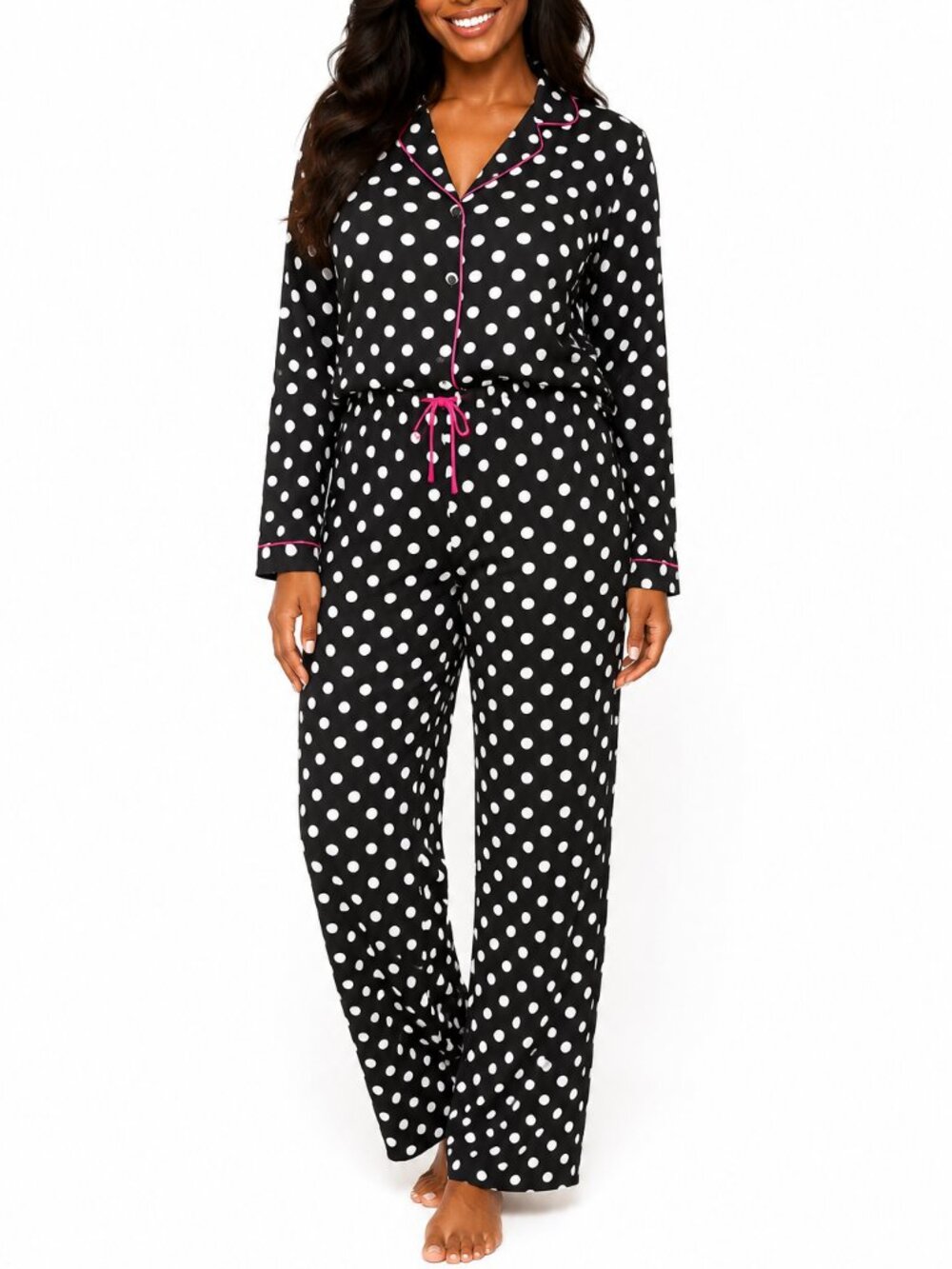 Global Sleepwear Coquette Polka Dot Pajama Set XL Black Pink Piping Wide Leg